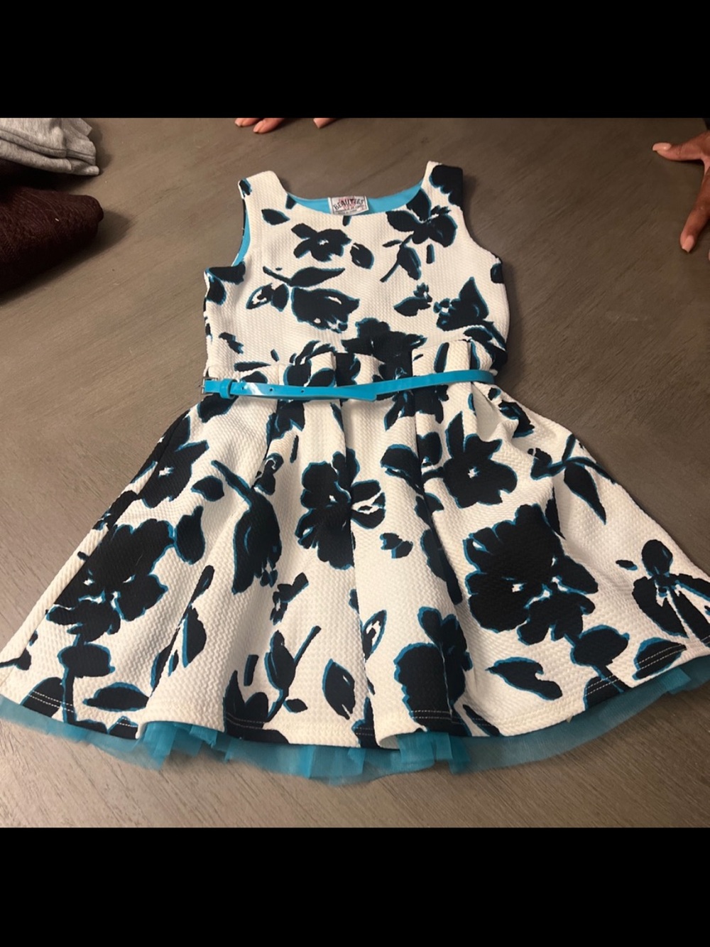 Beautees White Dress with Teal and Black Floral Print and Teal Belt